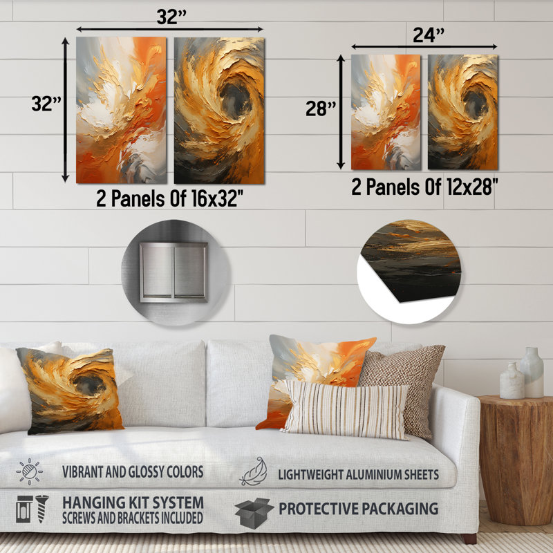 Golden Golden Surge - ensemble de 2 impressions en spirale abstraites en métal, H 32 po x l 32 po