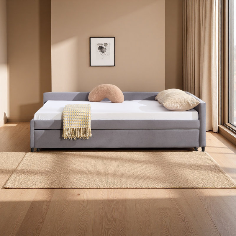Upholstered Daybed With Trundle,Sturdy Wooden Bed Frame, Modern Diamond Grid Design,For Bedroom, Guest Room, Gray