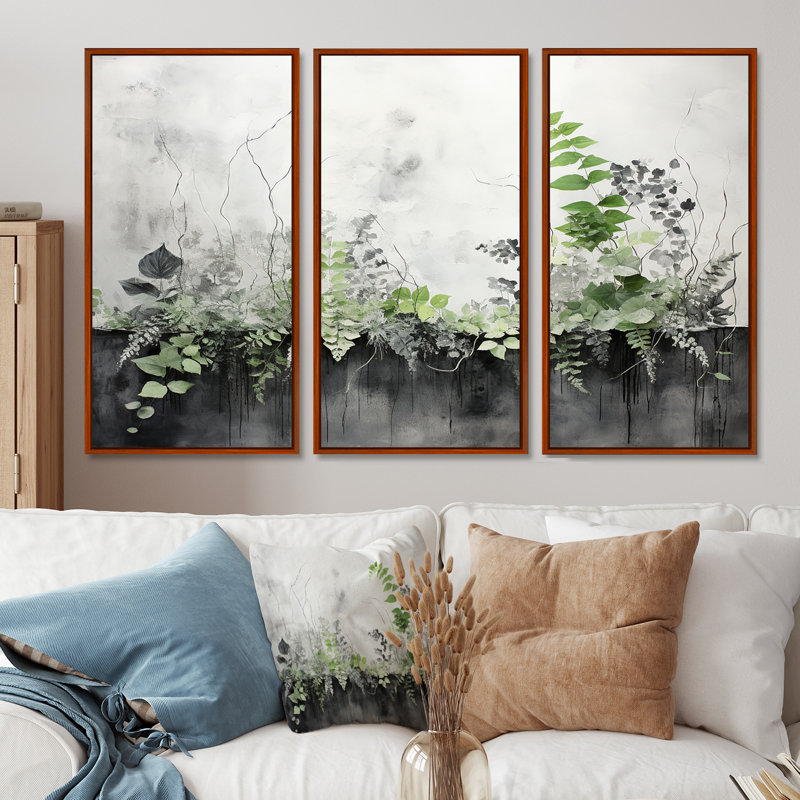 «Green Minimalisme Botanical Serenity - Plants», ensemble d'art sur toile, H 28 po x l 36 po x P 1 po, Cadre flottant brun