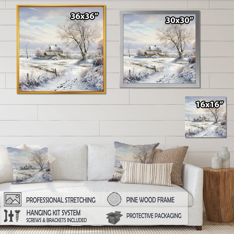 «Farmhouse Snow Winter Scenery» - art mural neige, H 30 po x l 30 po x P 1 po, Cadre simple noir