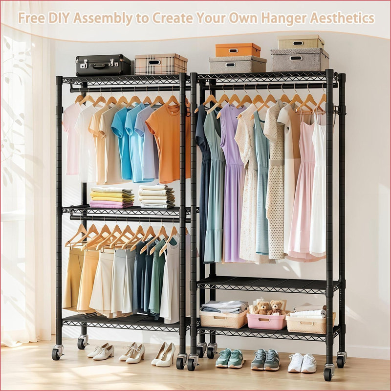 Clothes Rack with Wheels, Heavy Duty 3-Tier Adjustable Metal Organizer with 2 Hanging Rods &amp; Side Hooks | Black | Metal