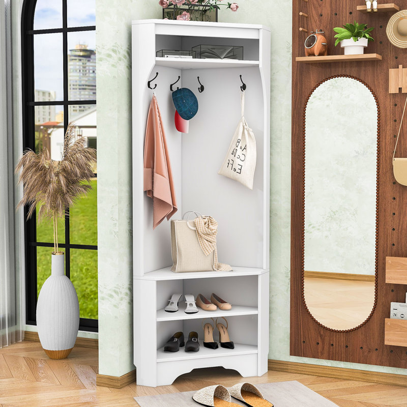 Minimalist Corner Hall Tree with Adjustable Shoe Shelf, Hanging Hooks, White