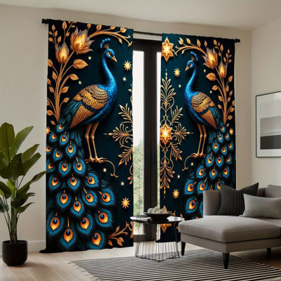 2 pièces rideaux paon luxueux, imprimé floral doré, palette de couleurs bleu royal et or, style baroque élégant, filtrant la lumière pour le salon, la chambre à coucher, la décoration de la fenêtre