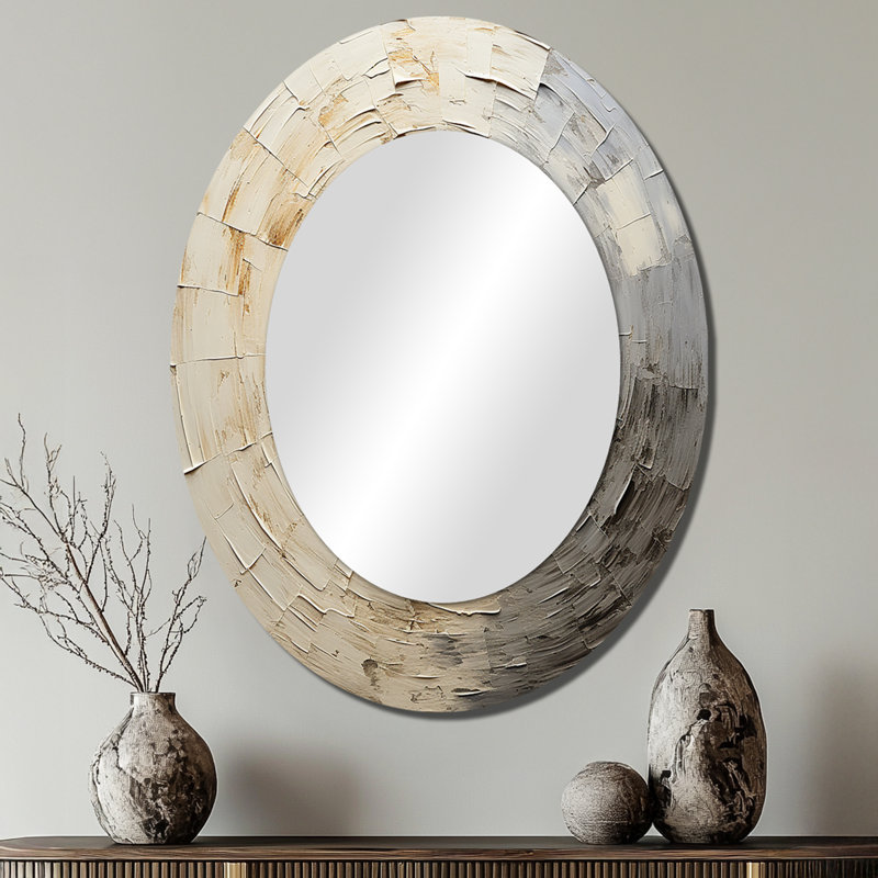 Grey Beige Meditative Movement - Large Oval Wall Mirror On Metal, 40" x 30"
