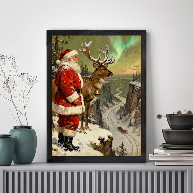 Père Noël rétro noir encadré avec art mural de style rétro, H 37 po x l 25 po