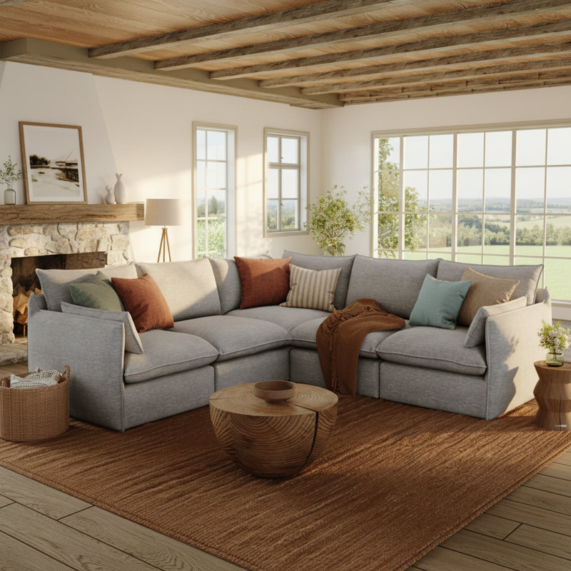 Canapé modulaire Cloud de 96,6 po Rinnes: canapé modulaire à 5 places en mélange de lin avec repose-pieds et coussins rembourrés de duvet - Couches moelleuses et douces pour le salon
