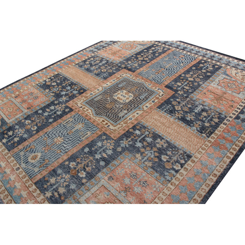 Distressed Homage Hand Knotted Wool Area Rug in Beige, Blue, Gray, Salmon, Rectangle 12' x 15'