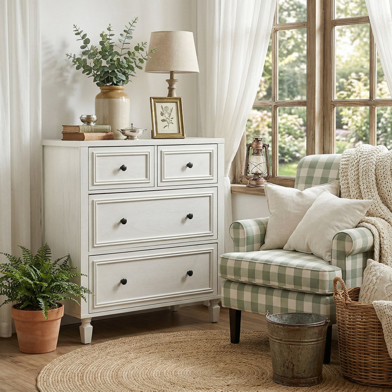 4 Drawers Retro Dresser Tall Storage Chest with Handles with for Bedroom and Living Room, White