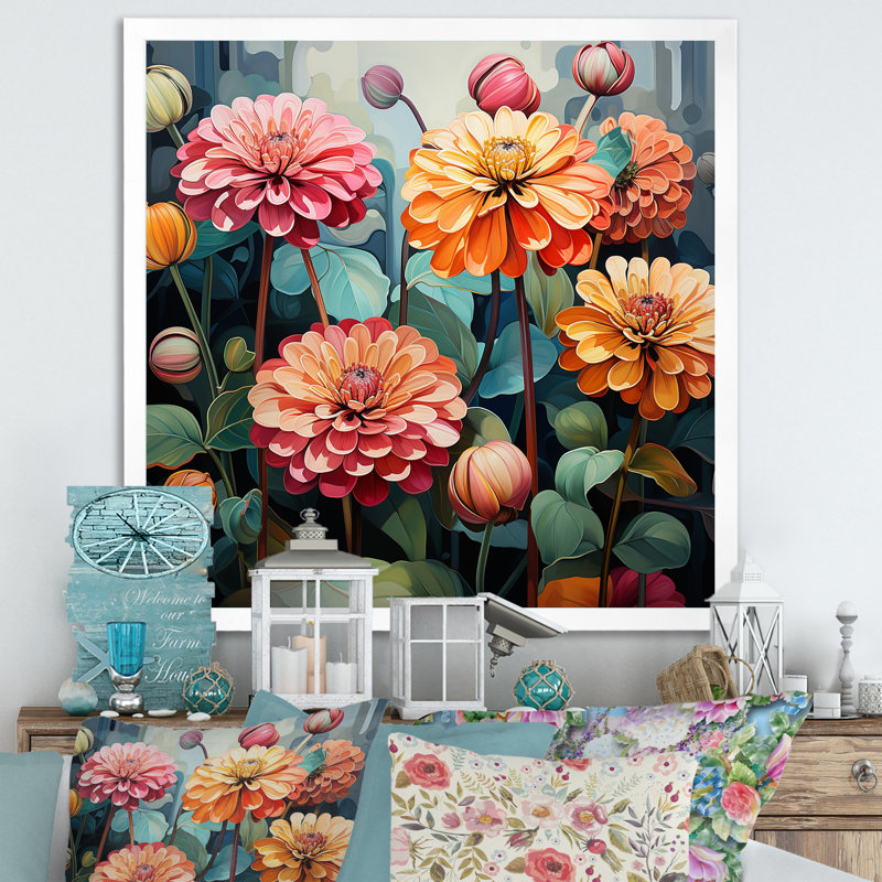 "Binn Zinnias fleurs" - impression sur toile Zinnias, Cadre simple blanc, H 16 po x l 16 po x P 1 po