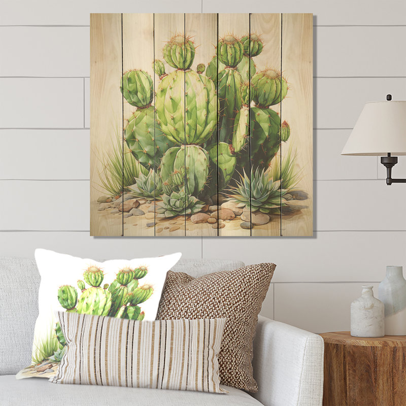 Impression de cactus vert désertique I - fruits sur bois, H 25 po x l 25 po