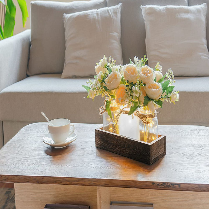 Rustic Wood Tray with Lighted Mason Jars and Faux Flowers