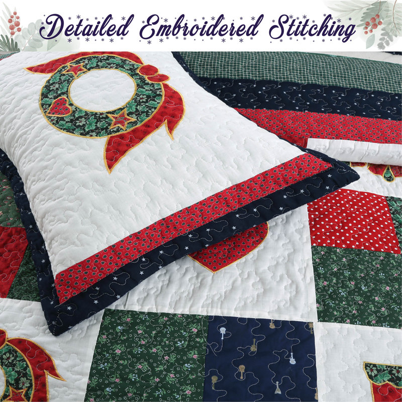King Red and Green Cotton Reversible Christmas Quilt Set