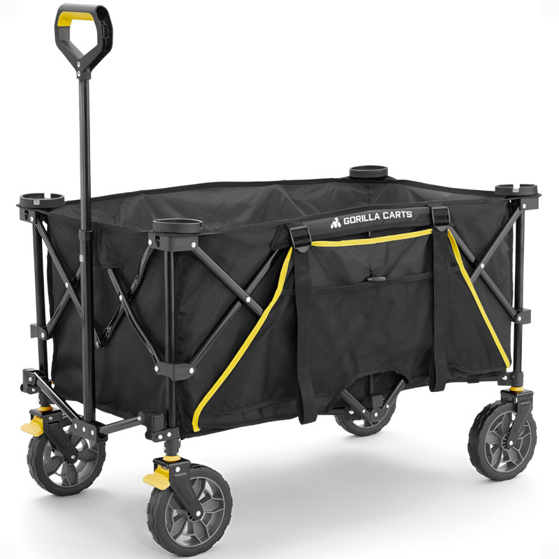 Gorilla Carts 7 Cubic Feet Foldable Utility Beach Wagon w/ Oversized Bed, Black, 0.2' H x 2.1' W x 3.23' D, Black