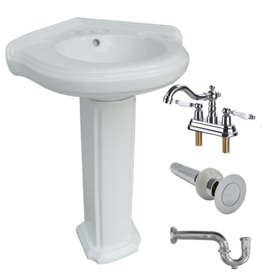 Lavabo de salle de bain sur pied en porcelaine vitrifiée de 22 po de largeur avec robinet chromé, bonde et siphon en P