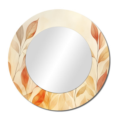 Red, Orange Watercolor of Sage Autumn Leaves – Botanical Large Round Wall Mirror, Metal Print