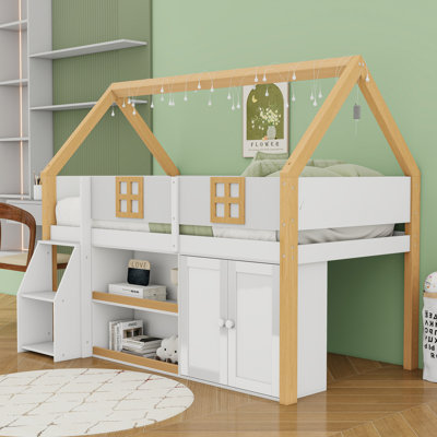 Wooden Low Loft Bed With LED Lights, Storage Shelf And Cabinets
