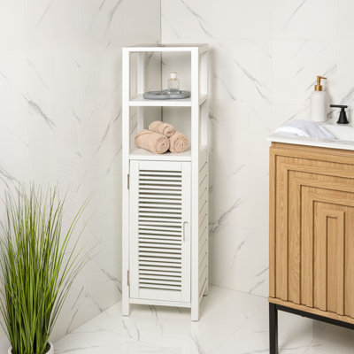 Solstice 47 in. H Handcrafted Pine Wood Bathroom Freestanding Floor Bathroom Storage Cabinet with Louvered Door and 3-Tier Open Shelves, White