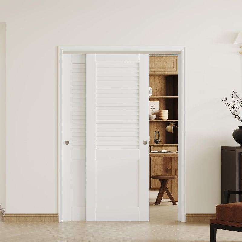 2 portes intérieures en panneau de fibres à densité moyenne avec quincaillerie en aluminium - Ensemble de portes coulissantes blanches à persiennes et à panneau solide pour salle de bain, buanderie ou garde-robe