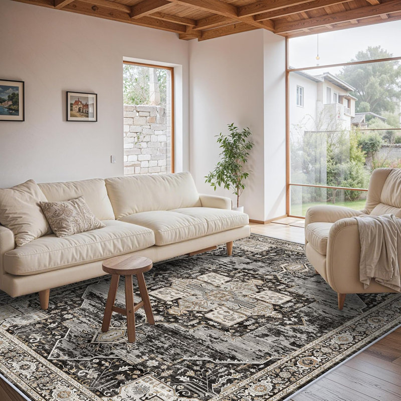 6x9 Area Rug Washable - Living Room Rugs with Non Slip Backing Soft Stain Resistant Bedroom Dining Room Carpet Indoor Distressed Home Decor Mat for Bathroom 6x9 Black