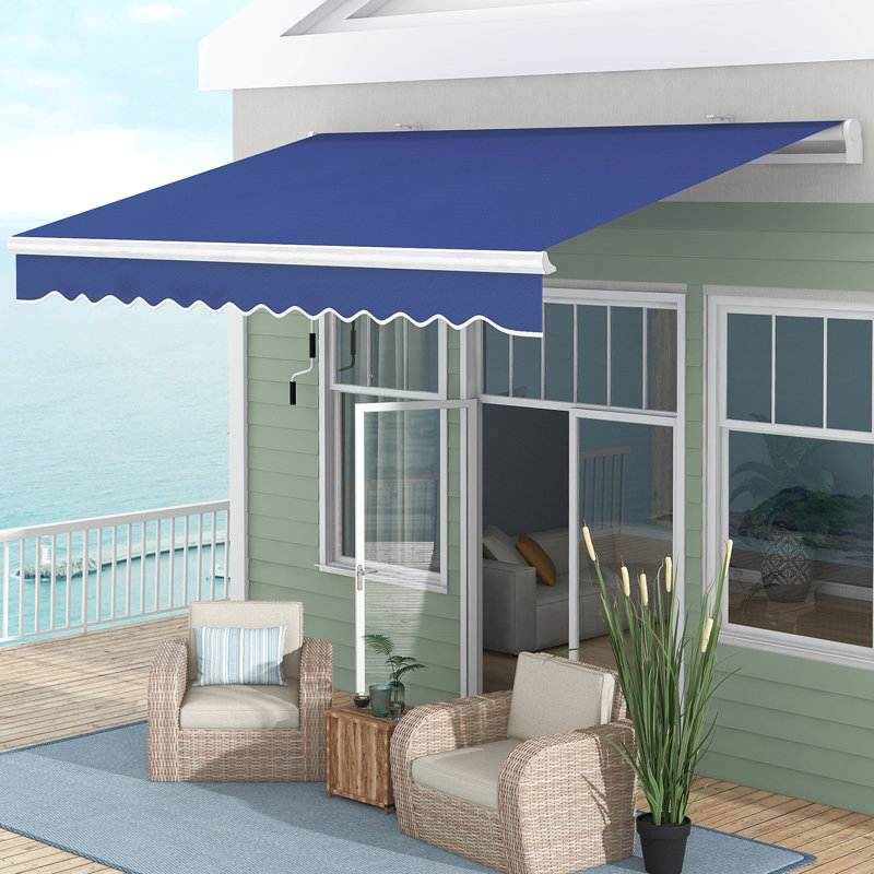 Patio Awning 13' X 8'. Fabric, Water-, Manual Crank, Aluminum Frame For Balcony And Yard 8' Retractable Awning, Dark Blue. & Water- Frame. Crank Easy Adjustment. Suitable Deck, Balcony, Yard.