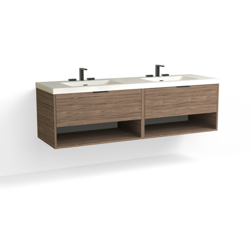 Modo 72" W Wall Mounted Double Bathroom Vanity, White Acrylic, Satin Brass, Matte White/8" Widespread