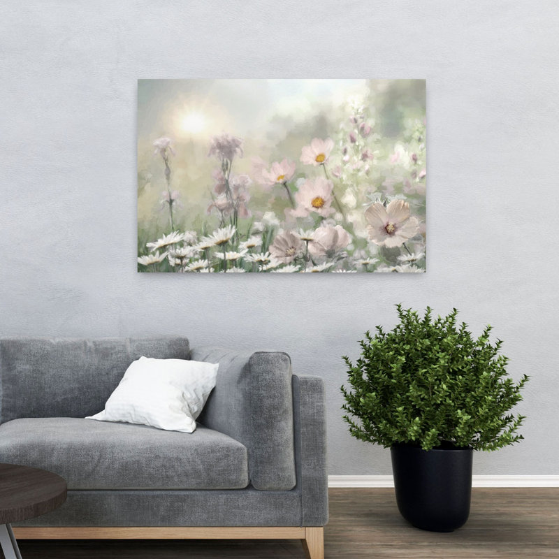 «Blooming Dreams I Abstract Contemporary Daisy Landscape Nature», reproduction d'art murale, 32" H x 48" W
