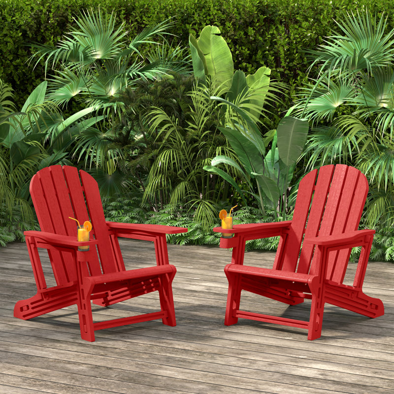 Outdoor Poly Adirondack Chair With Cup Holder (Set Of 2), Red