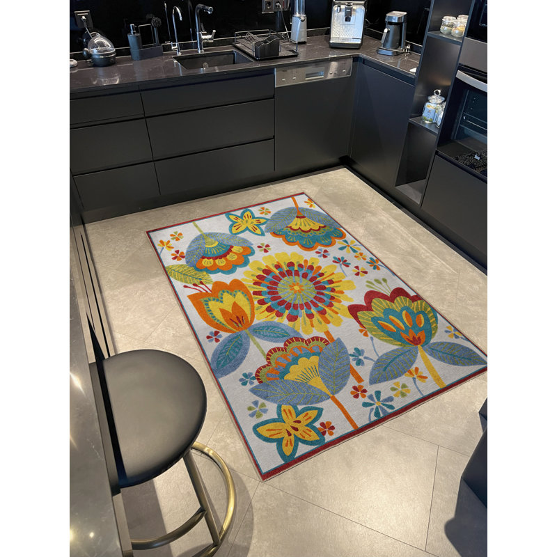 Tapis multicolore abstrait à motif floral et rose, Rectangle 4 pi 11,06 po x 9 pi 10,11 po