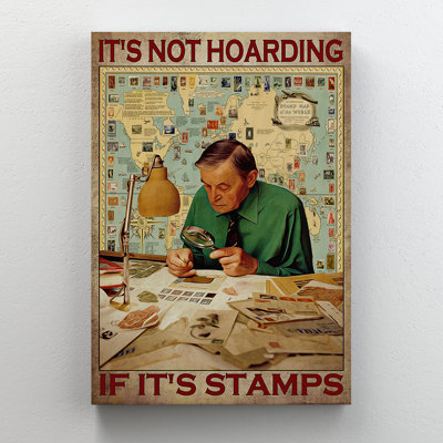 Old Collector Man - It's Not Hoarding If It's Stamps Gallery Wrapped Canvas - People Illustration Decor, Brown And Green Living Room Decor
