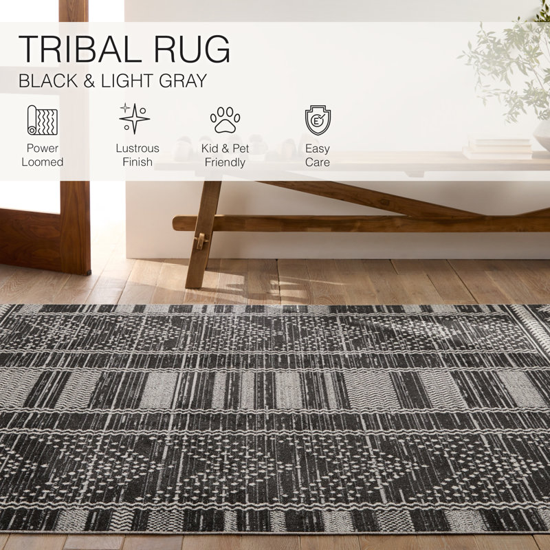 Phoebe Machine Washable Kimmons Chevron Area Rug in Black/Light Gray, Runner 2' x 6'