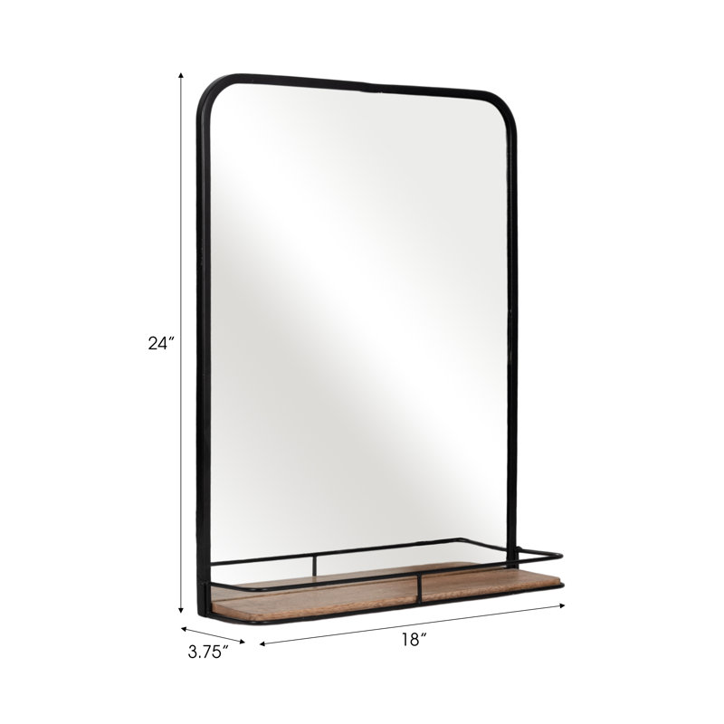 Jeramine Modern Industrial Wall Mirror with Shelf - Metal Frame and Rustic Wood Accent, 18" x 22"