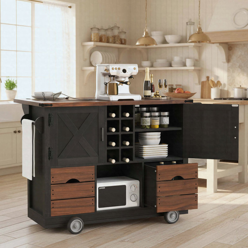 Îlot de cuisine de 54 po avec rallonge, prise de courant, chariot de rangement de cuisine avec 2 portes, 2 tiroirs, îlot de cuisine sur 4 grandes roulettes avec support à épices pour la cuisine, la salle à manger, noir