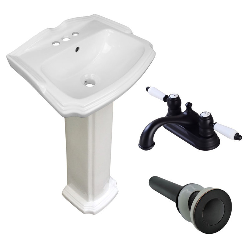 Small Pedestal Bathroom Sink with 4 inch Black Faucet and Drain