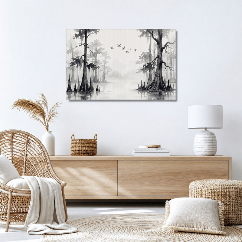 Tableau sur toile représentant des cyprès noirs et blancs et des oiseaux en vol, 12"H x 18"W