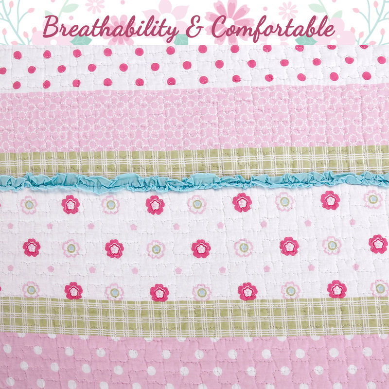Ensemble de courtepointe réversible rose / vert / bleu, Courtepointe double/grand + 2 taies décoratives +