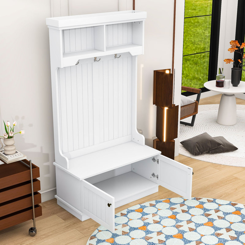 4-In-1 Hall Tree With Shoe Storage,Standing Coat Rack With Shoe Bench,Entryway Furniture With Hooks, White