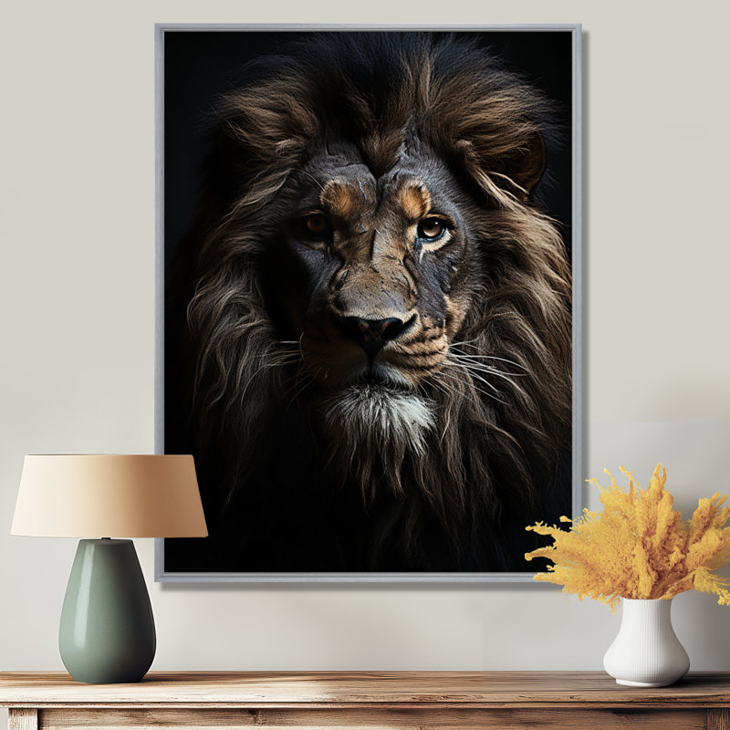 «Black and White Lion Portrait Vibrant II», reproduction d'art sur toile, H 20 po x l 12 po x P 1 po, Encadrement argenté