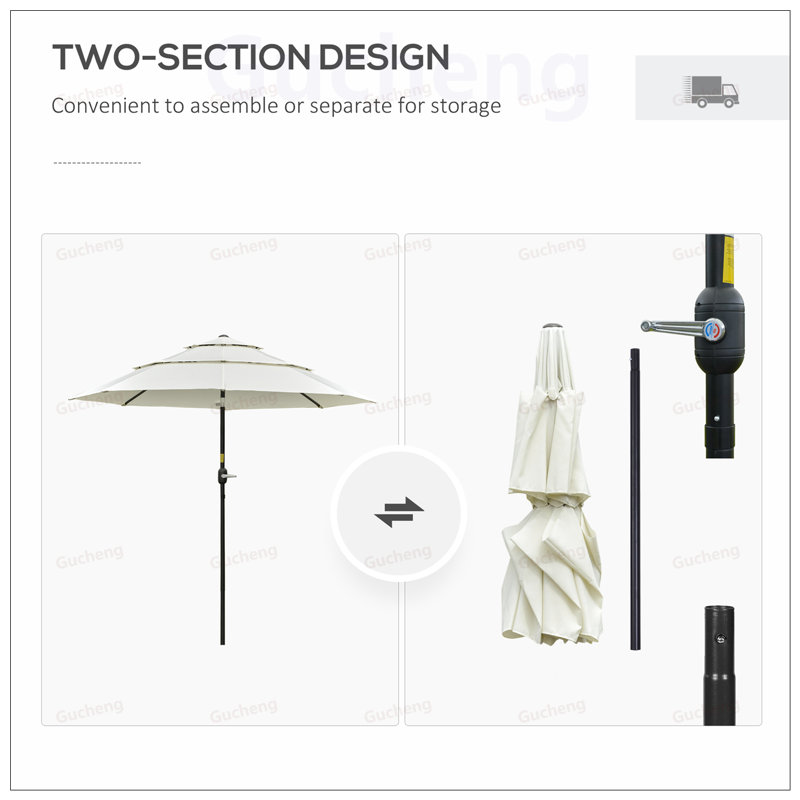 Parasol de patio à 3 niveaux avec manivelle et inclinaison à bouton-poussoir pour l'ombrage extérieur, la terrasse, la cour et la pelouse