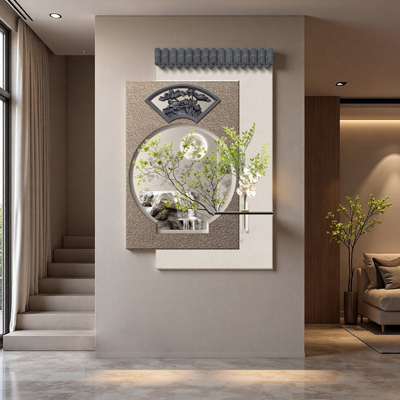 Nouvelle présentation de plantes vertes hydroponiques en grès de style chinois avec peintures murales illuminées