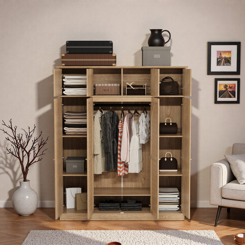 Armoire-penderie à grande capacité avec tringle, tablettes réglables et portes décoratives en rotin, Naturel