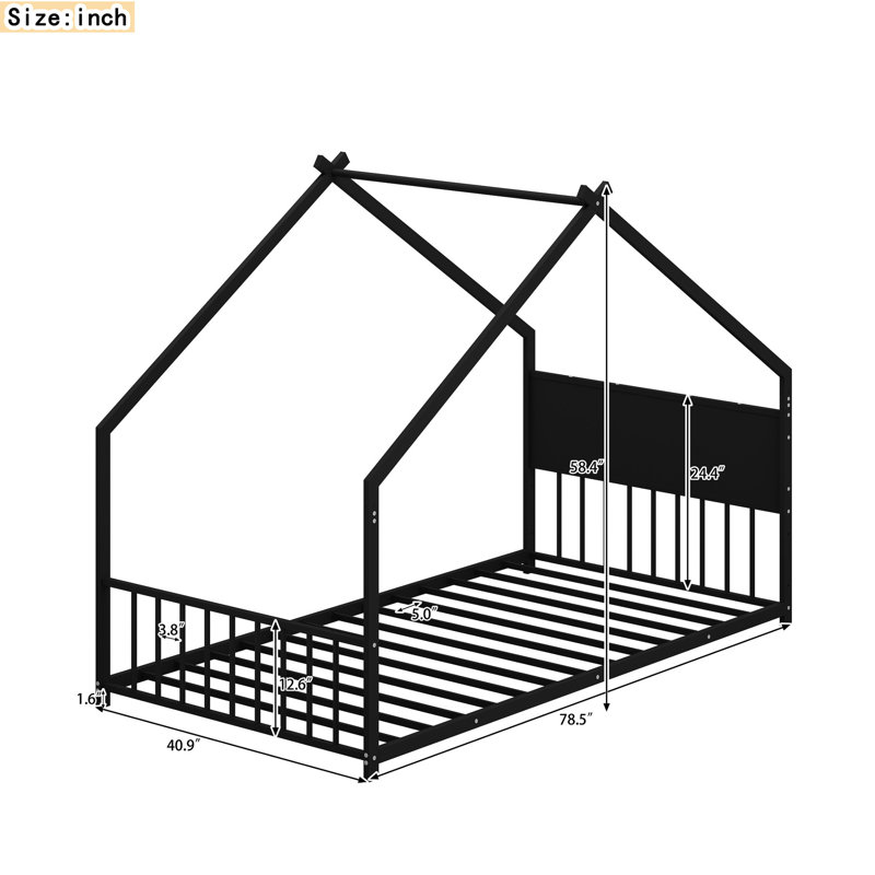 Lit simple avec lumières et fabrication en métal - sans sommier (métal noir,, Lit simple