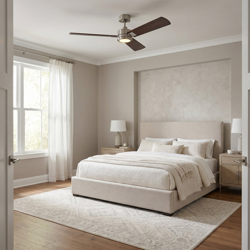 Smart LED Downrod Ceiling Fan, Brushed Steel, 12.1" H x 56" W x 56" D, Dark Walnut