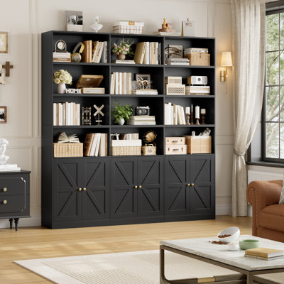70.9" Wide Office Storage Cabinet With 12 Open Shelves And 3 Doors, Tall Wooden Organizer For Files & Supplies