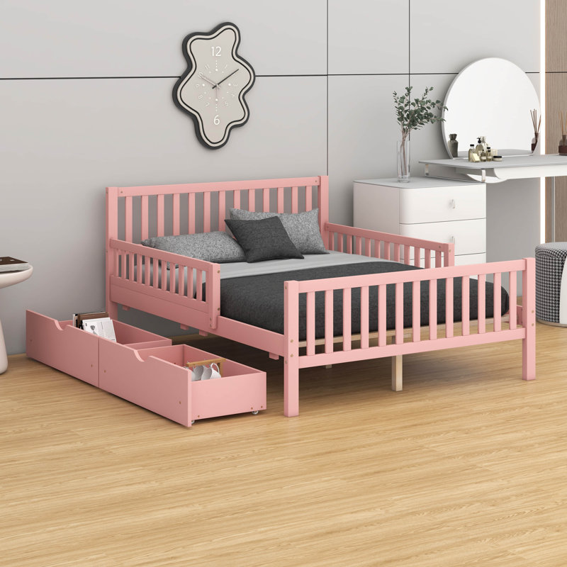 Lit plateforme avec garde-corps double face et deux tiroirs de rangement intégrés, Rose