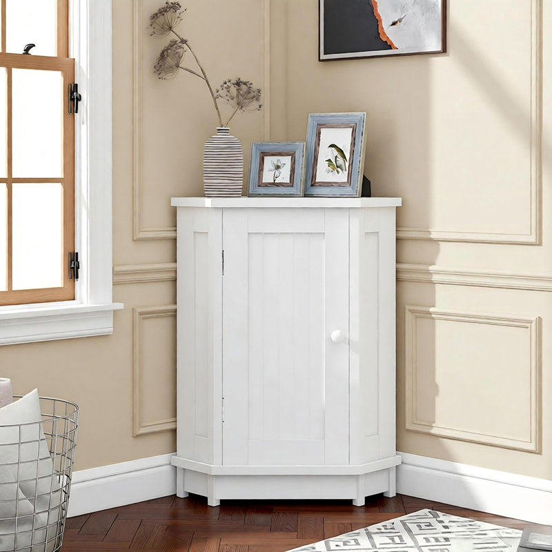 White Bathroom Cabinet Triangle Corner Storage Cabinet With Adjustable Shelf Modern Style Mdf Board, White
