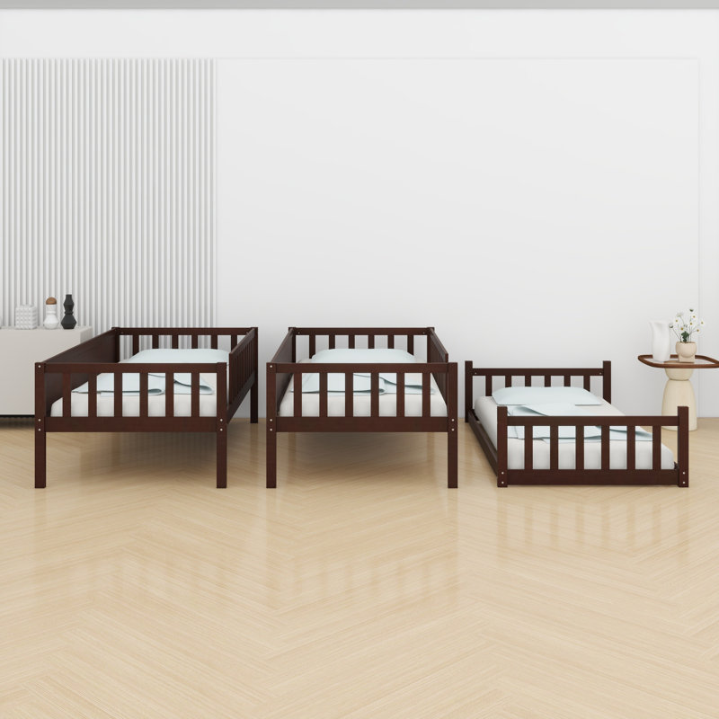 Triple Wood Bunk Bed, With Ladders, Guardrails, Espresso