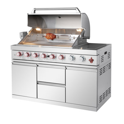 Îlot de cuisine en acier inoxydable pour barbecue au gaz à 6 brûleurs 99000 avec évier, rangement à double porte, réfrigérateur, armoire à trois niveaux, brûleurs puissants, plateau de réservoir de propane escamotable, conception modulaire pour