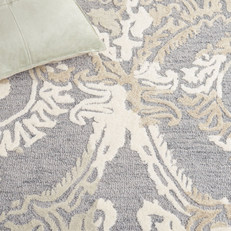 Delaina Ebony Hand Tufted Wool/Cotton Damask Rug in Gray/Ivory, Rectangle 5' x 8'