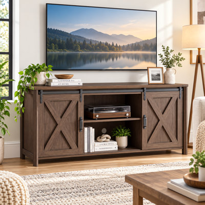Meuble télé pour téléviseur de 60 po ou moins Farmhouse, centre de divertissement en bois rustique avec armoires de rangement et tablettes, buffet multifonctionnel pour le salon et la salle à manger