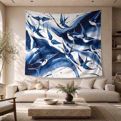 Tapisserie murale oiseaux bleu et blanc hirondelle